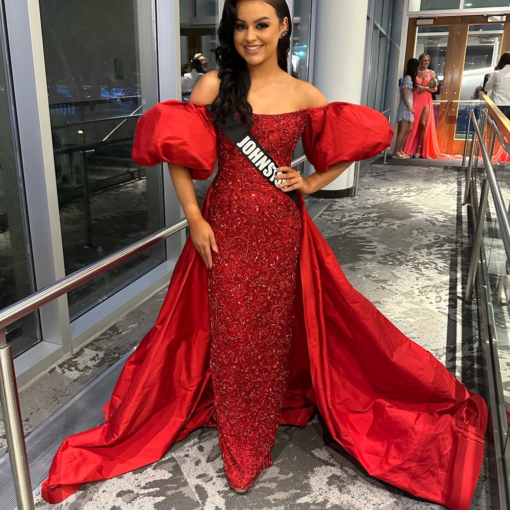 Sherri Hill 55632 Red Dress with Puff Sleeves